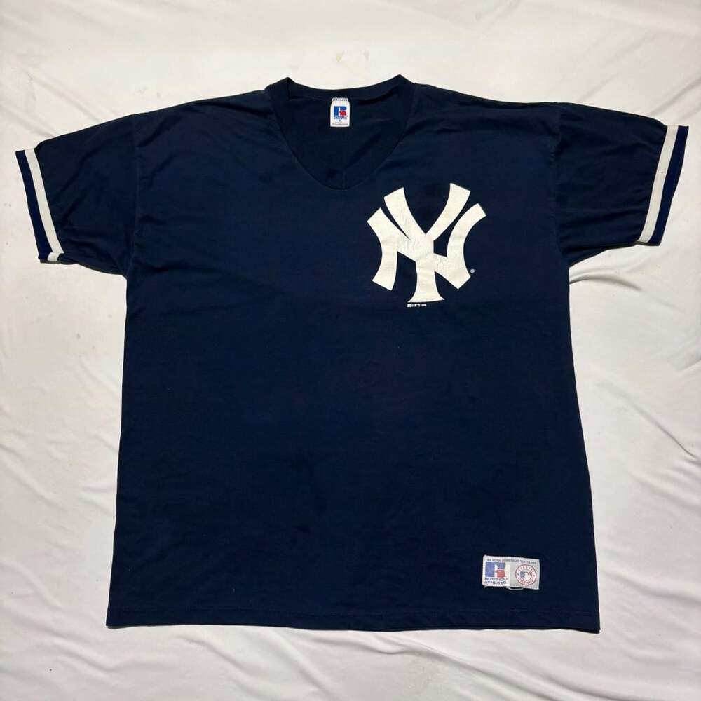 Vtg 90s Russell Athletic New York Yankees V Neck Shirt Mens XL USA Made 1996